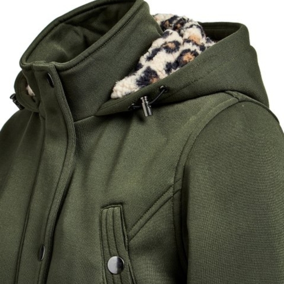Olive Green Leopard Sherpa-Lined Hood Fleece Anorak NWTs Sz Large - Picture 5 of 8